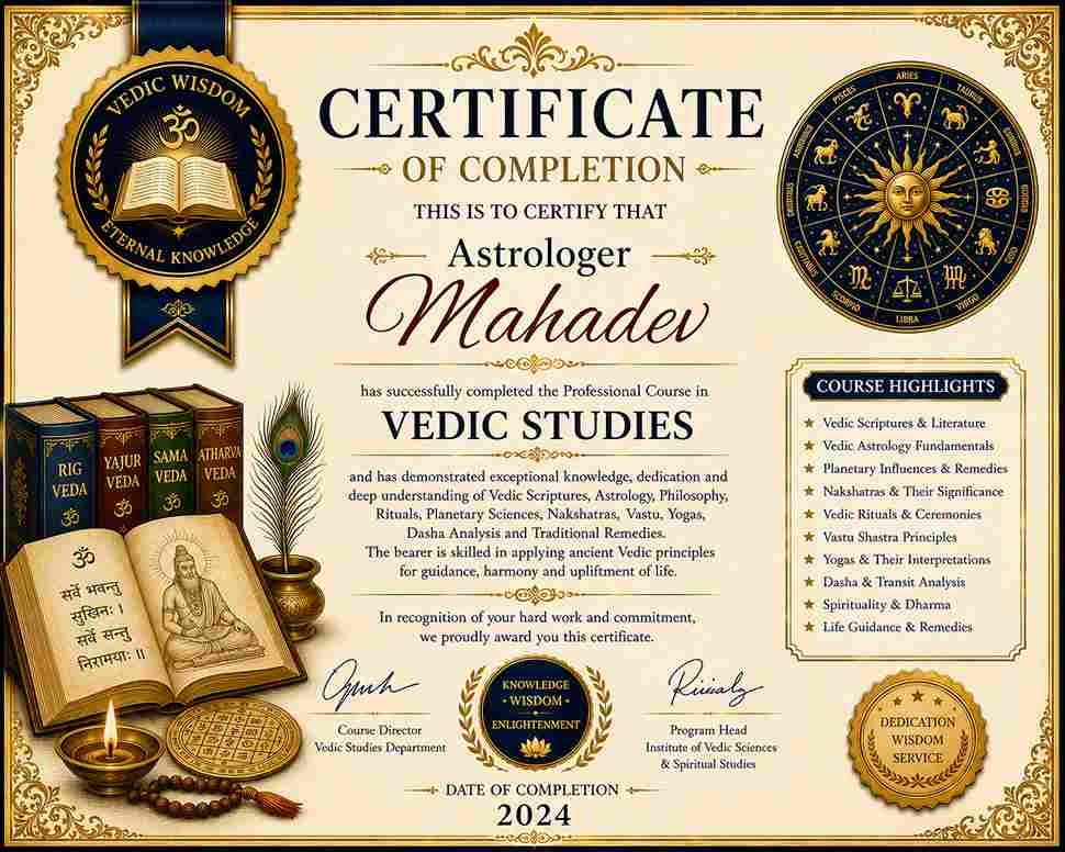 Certificate of Completion awarded to Astrologer Mahadev for successfully completing professional Vedic Studies, covering Vedic scriptures, astrology, planetary influences, Nakshatras, Vastu, Yogas, Dasha analysis, spiritual wisdom, and traditional remedies.