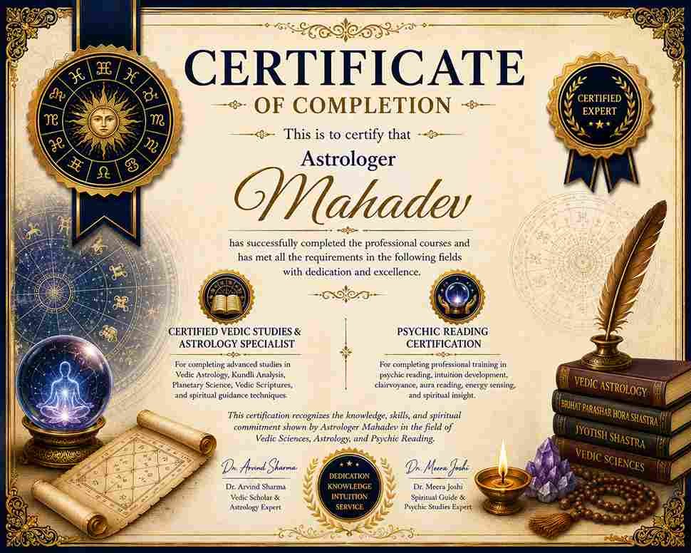 Certificate awarded to Astrologer Mahadev for completing advanced studies in Vedic Astrology, Kundli Analysis, Spiritual Guidance, and Psychic Reading.